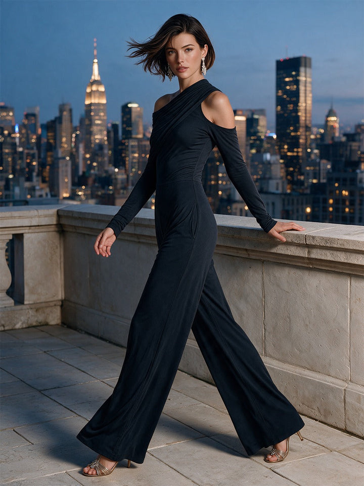 Raffaella | Black One-Shoulder Party Jumpsuit with Wide Leg Pants