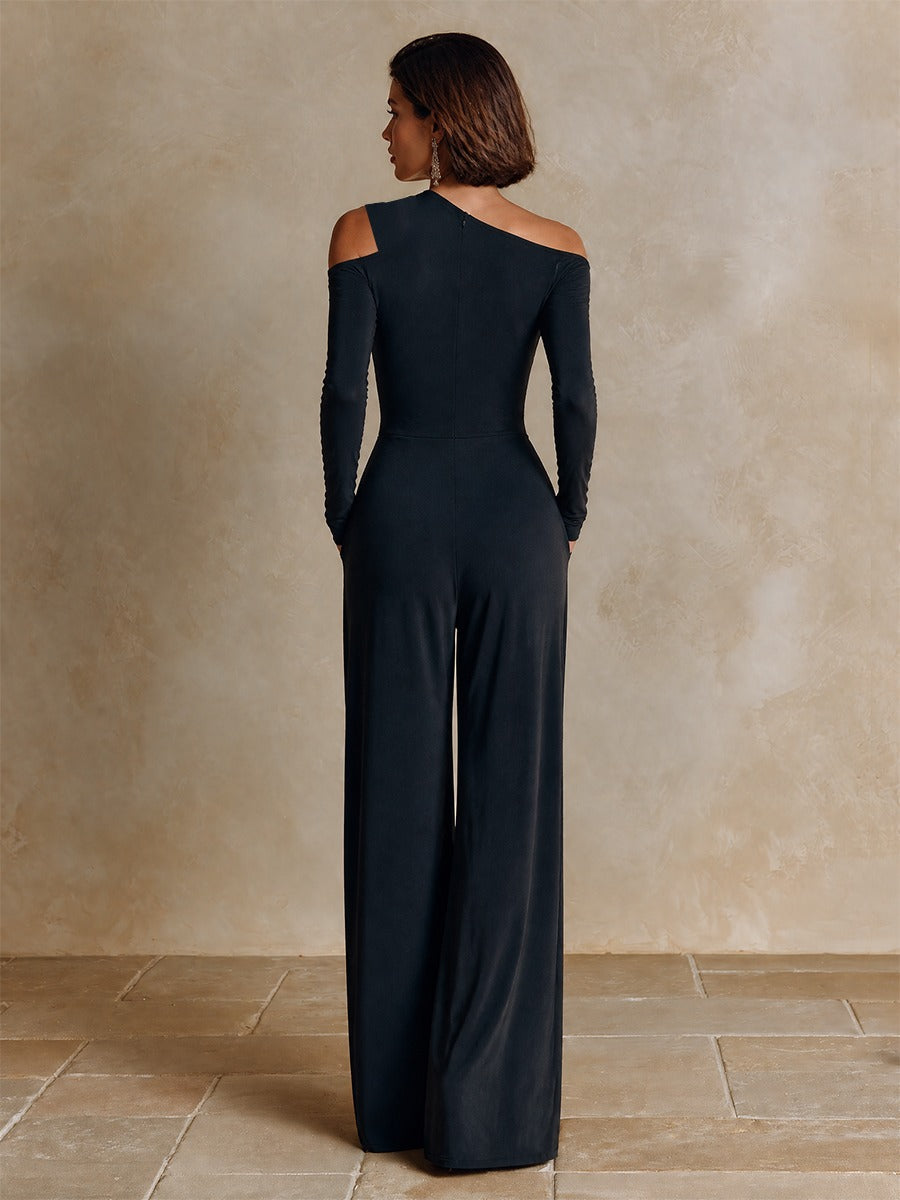 Raffaella | Black One-Shoulder Party Jumpsuit with Wide Leg Pants