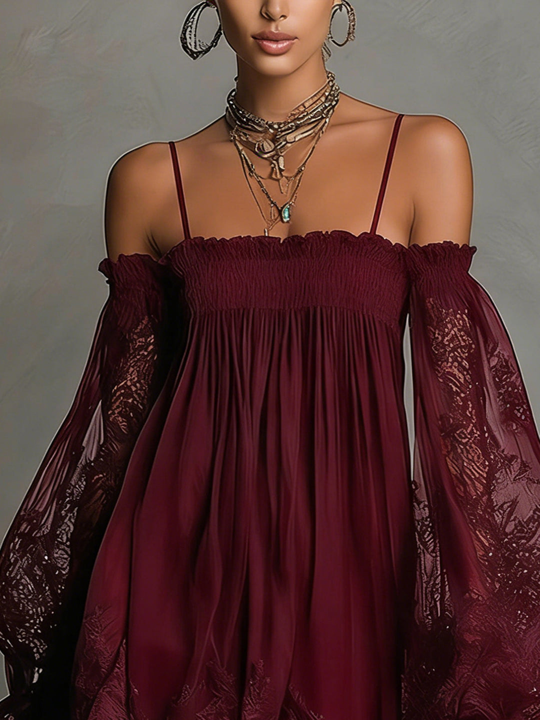Louisa | Off-Shoulder Chiffon Dress with Lace Sleeves