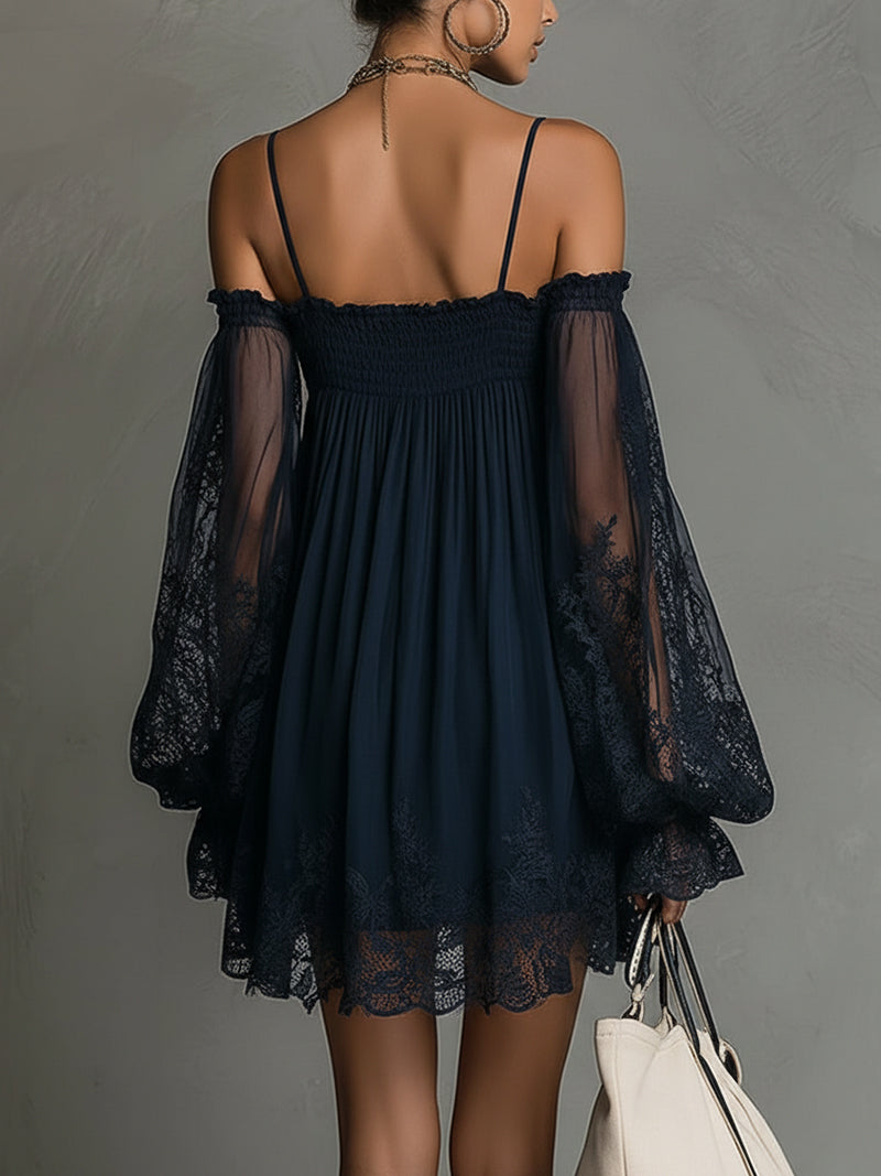 Louisa | Off-Shoulder Chiffon Dress with Lace Sleeves