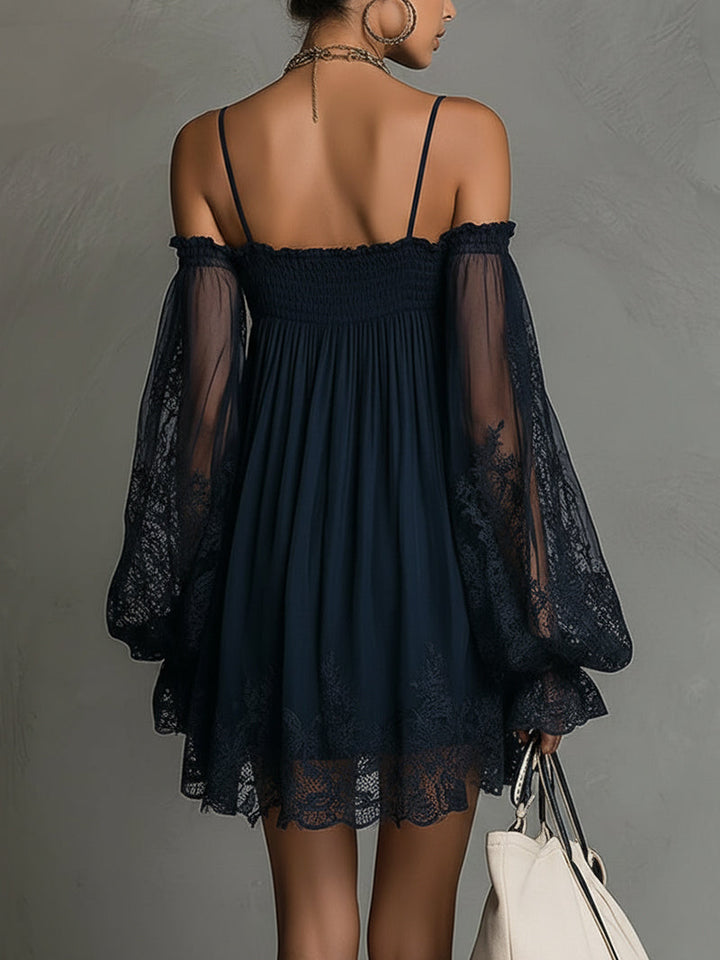 Louisa | Off-Shoulder Chiffon Dress with Lace Sleeves
