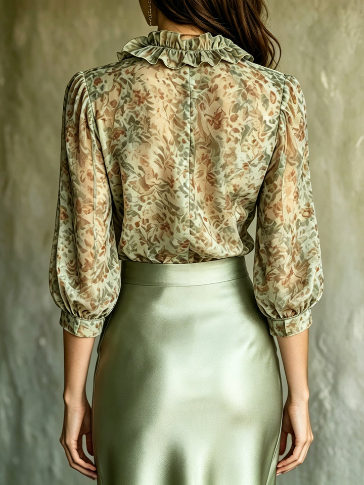 Antonella | Elegant Blouse with Floral Ruffles and Satin Mini Skirt