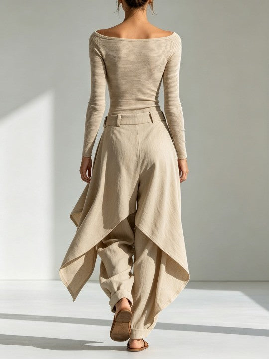 Giuliana | Beige top with boat neckline and wide layered pants
