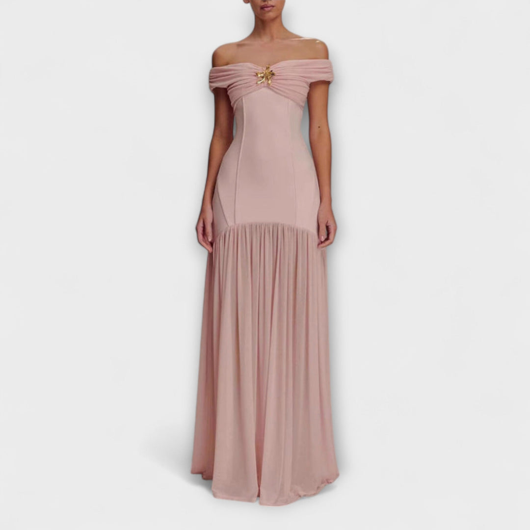 Maelie - Chic Strapless Bodycon Maxi Dress with Floral Embellishments