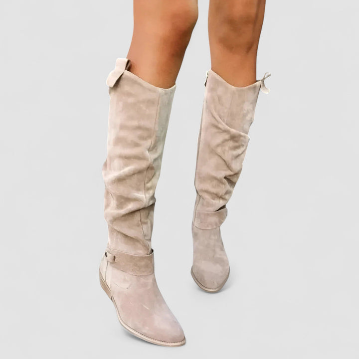 Charlotte | Suede-Look Knee-High Low Heel Boots