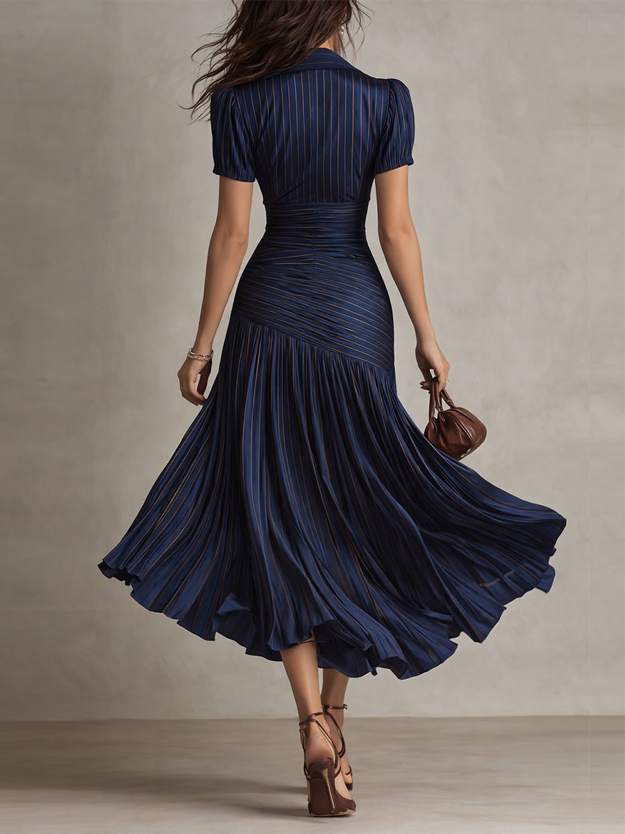 Eleanora | Retro Striped Satin Midi Dress