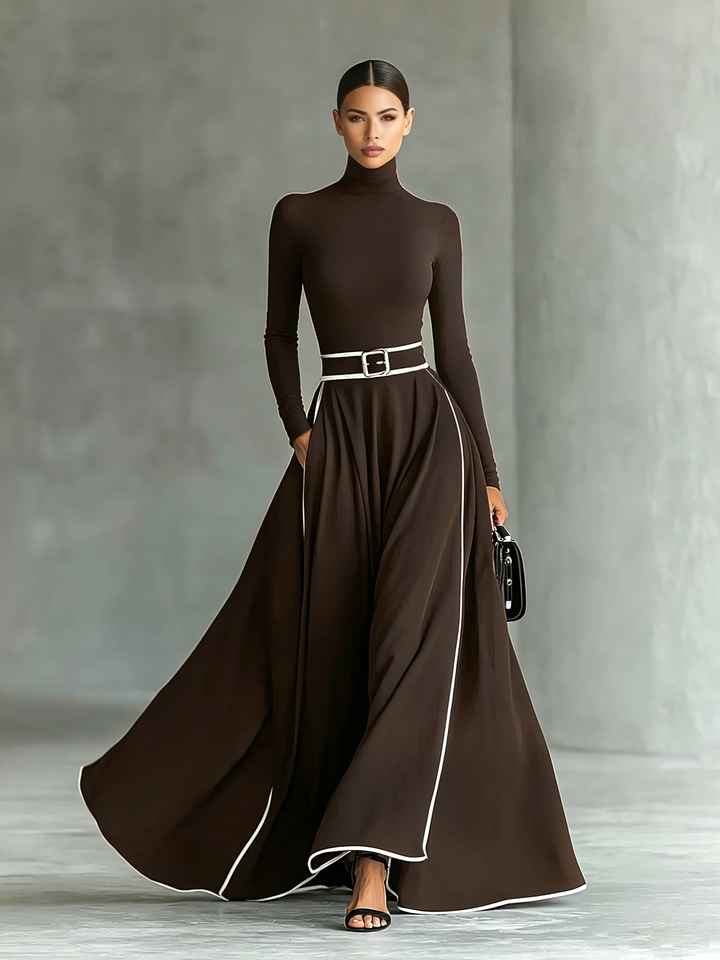 Nicoletta | Black Maxi Dress for Women with White Stitching and High Neck, Long Sleeves, Slim Waist