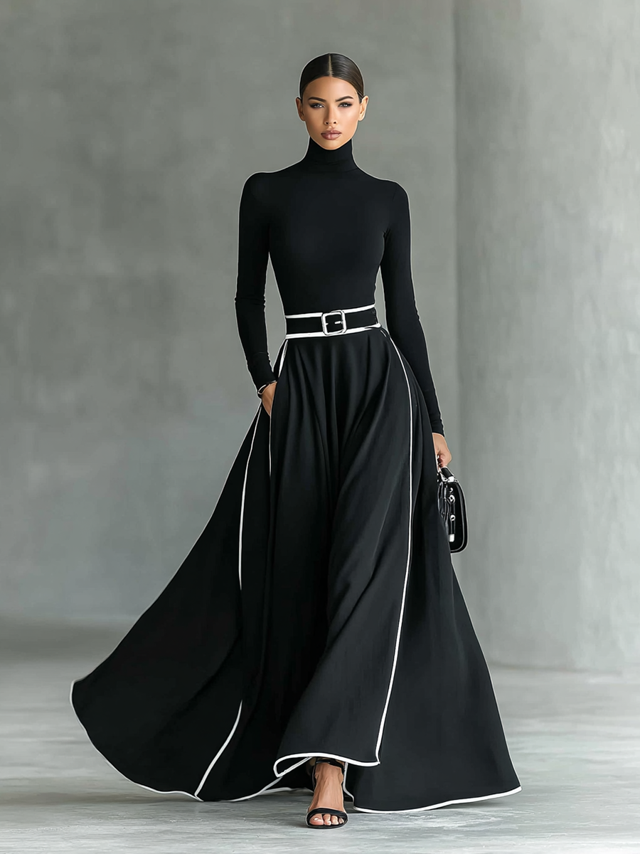 Nicoletta | Black Maxi Dress for Women with White Stitching and High Neck, Long Sleeves, Slim Waist