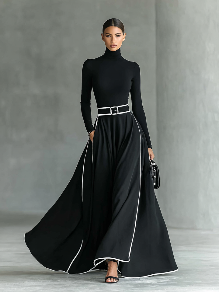 Nicoletta | Black Maxi Dress for Women with White Stitching and High Neck, Long Sleeves, Slim Waist