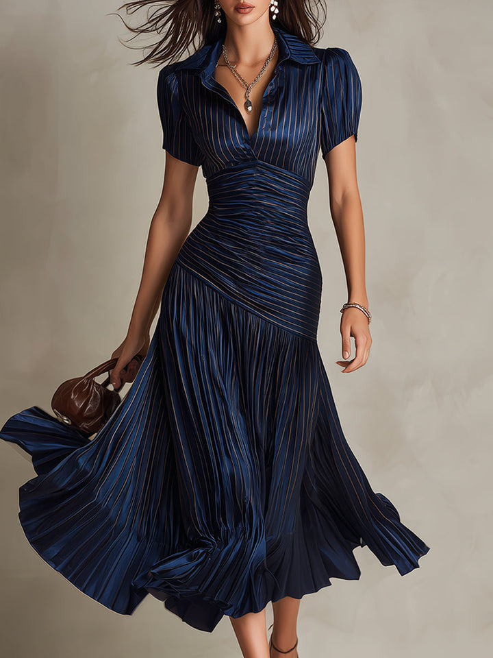 Eleanora | Retro Striped Satin Midi Dress