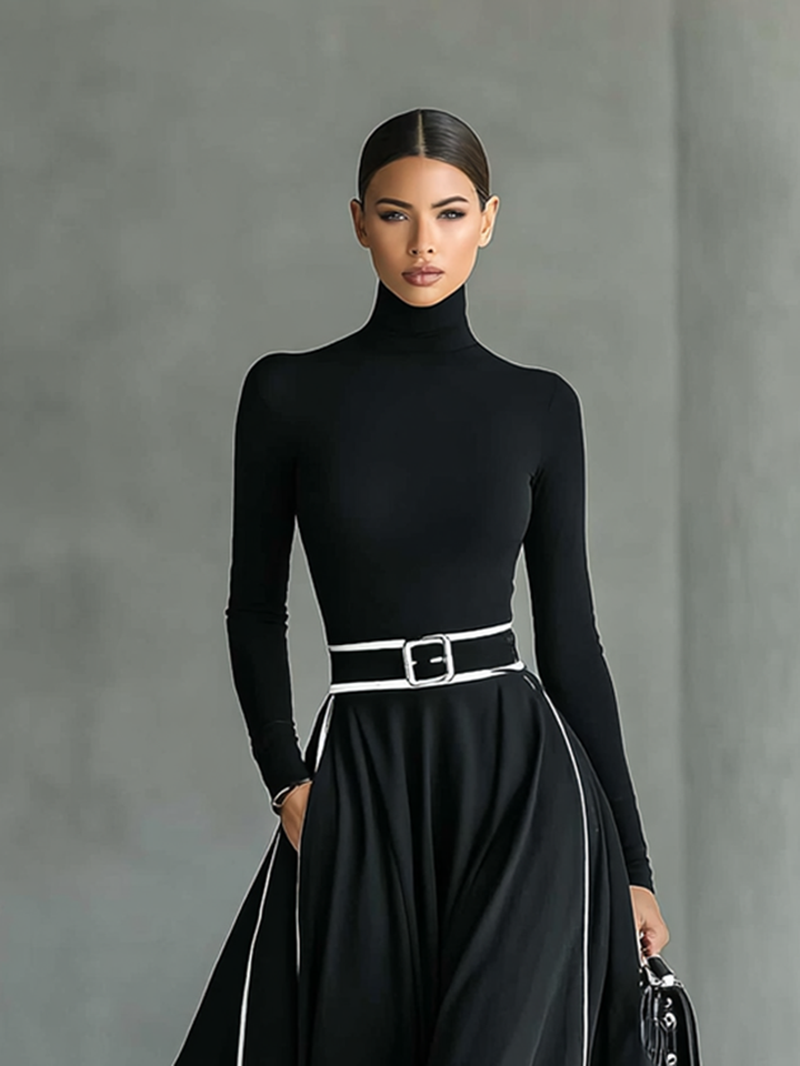 Nicoletta | Black Maxi Dress for Women with White Stitching and High Neck, Long Sleeves, Slim Waist
