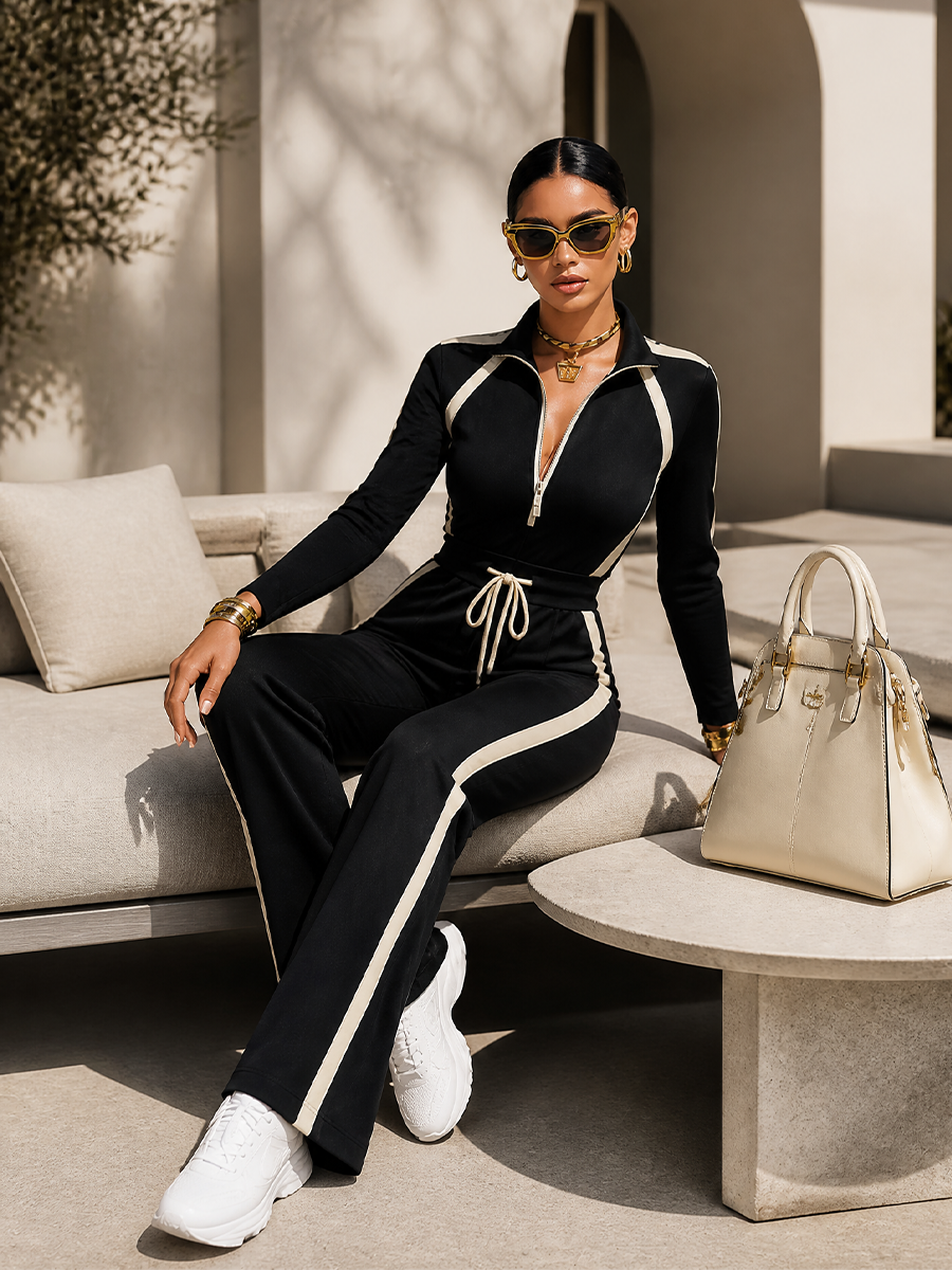 Monica | Complete Tracksuit with Black Contrast Stripes, Half-Zip Collar Top and Wide-Leg Pants with Drawstring