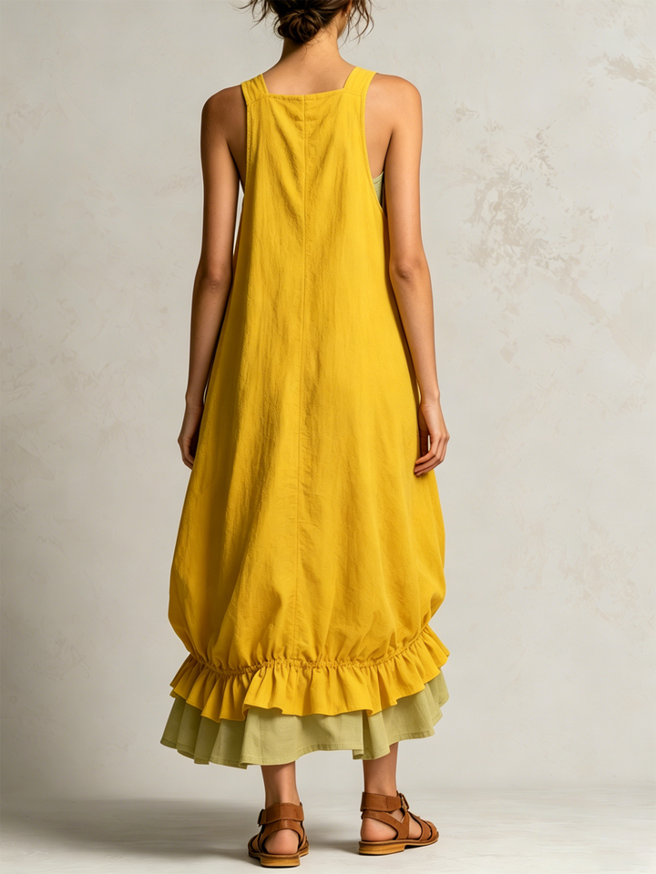 Daniela | Sleeveless Midi Bubble Dress with Large Pockets, Layers, and Ruffled Hem