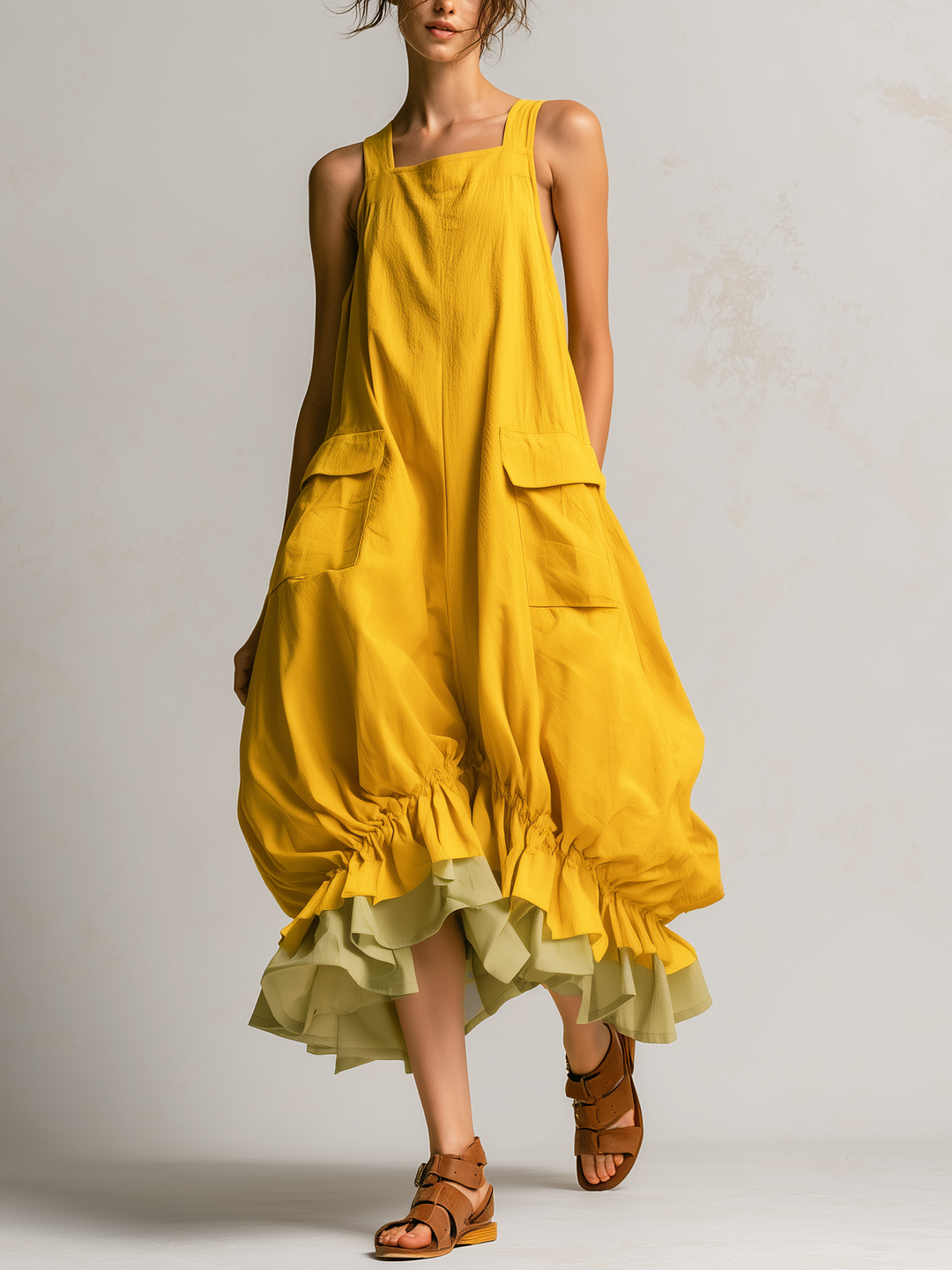 Daniela | Sleeveless Midi Bubble Dress with Large Pockets, Layers, and Ruffled Hem