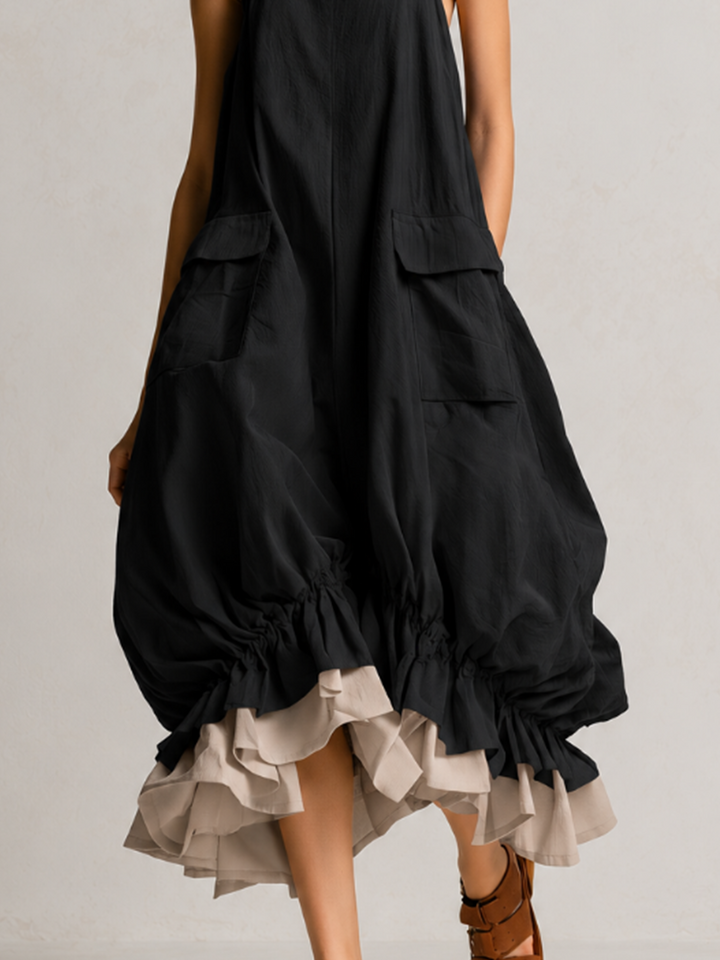 Daniela | Sleeveless Midi Bubble Dress with Large Pockets, Layers, and Ruffled Hem