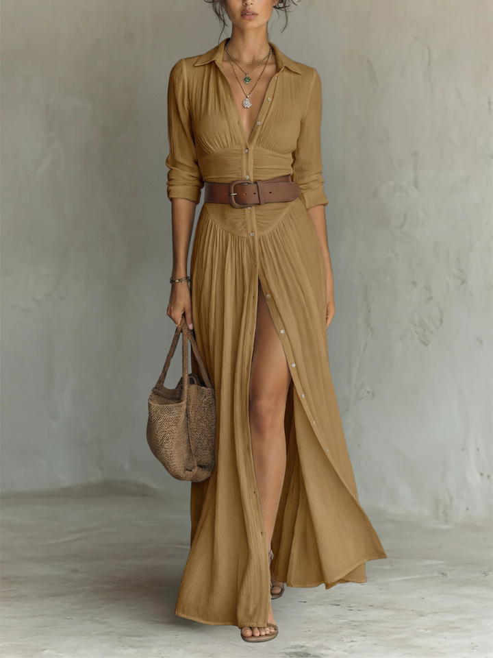 Theodora | Belted Button-Through Shirt Maxi Dress
