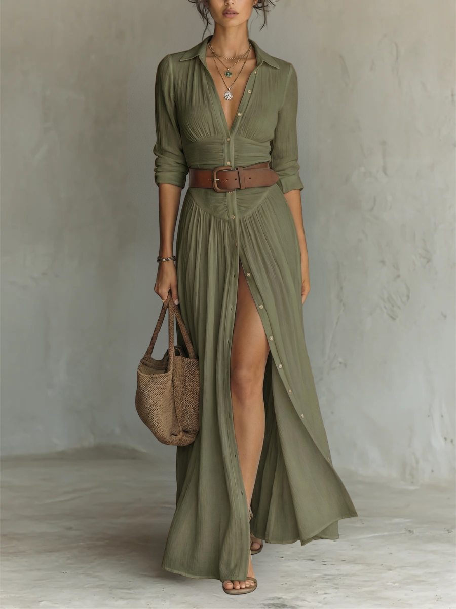 Theodora | Belted Button-Through Shirt Maxi Dress
