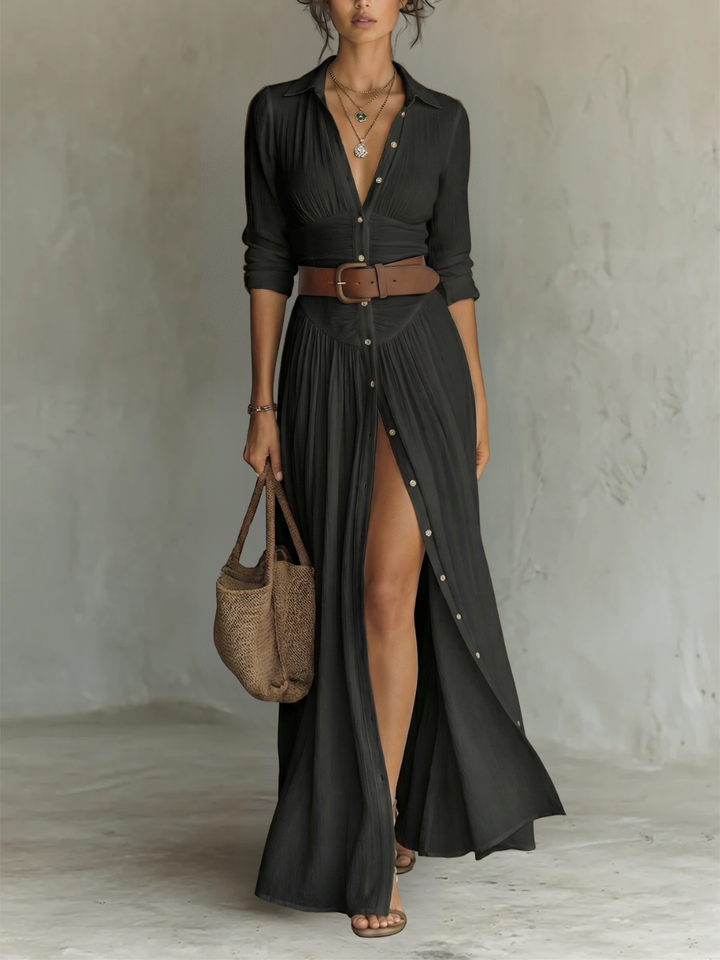 Theodora | Belted Button-Through Shirt Maxi Dress