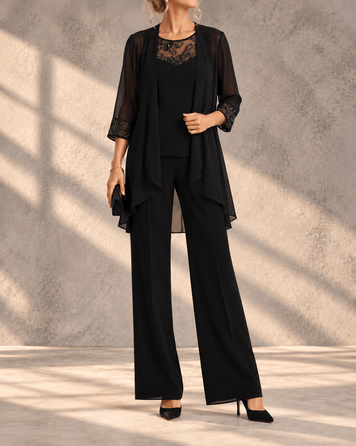 Iva | Beaded Chiffon Wide-Leg Three-Piece Set for Women