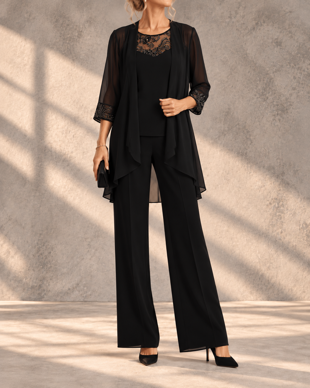 Iva | Beaded Chiffon Wide-Leg Three-Piece Set for Women
