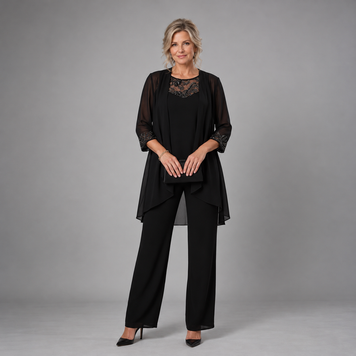 Iva | Beaded Chiffon Wide-Leg Three-Piece Set for Women