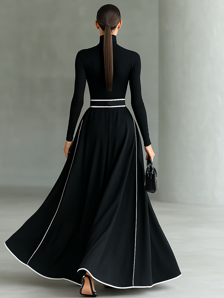 Nicoletta | Black Maxi Dress for Women with White Stitching and High Neck, Long Sleeves, Slim Waist