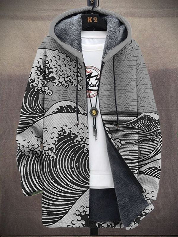Nadine | Wave Print Open Hooded Cardigan