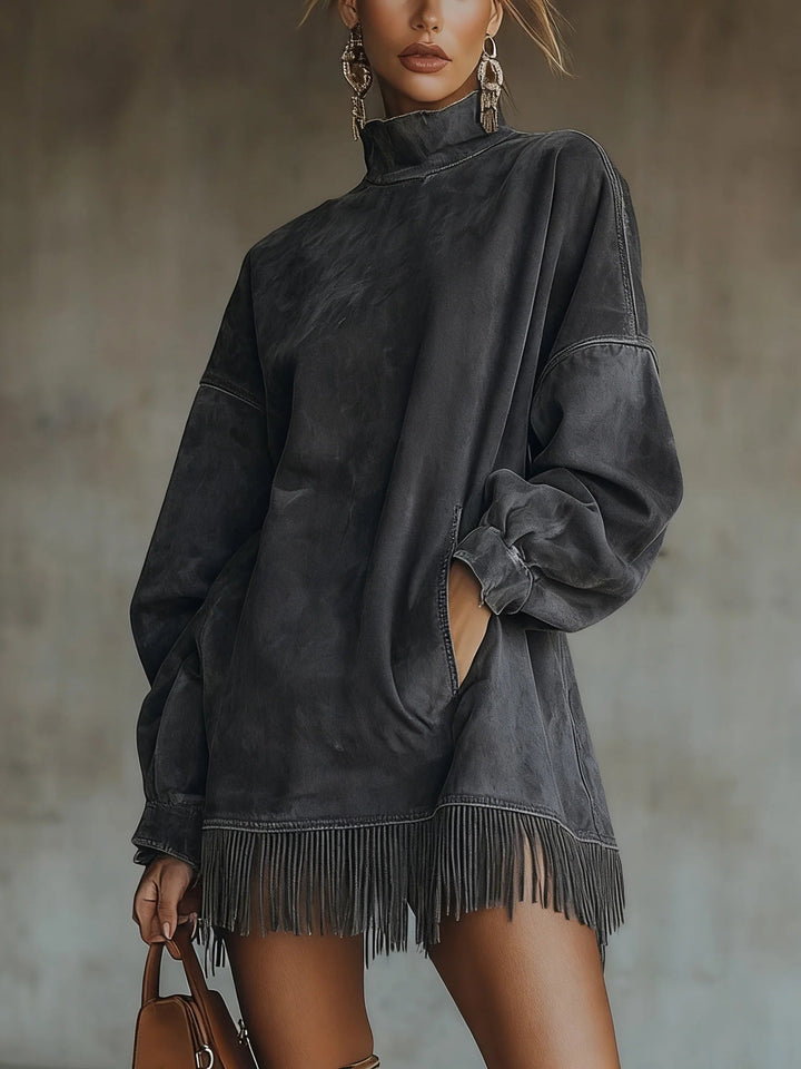 Gabriela | Suede Dress with High Neck and Fringe