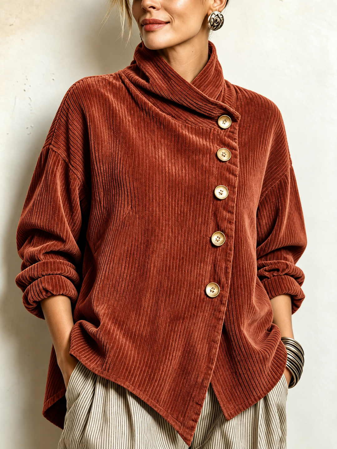 Olivia | The Corduroy Button-Up Top in Terracotta