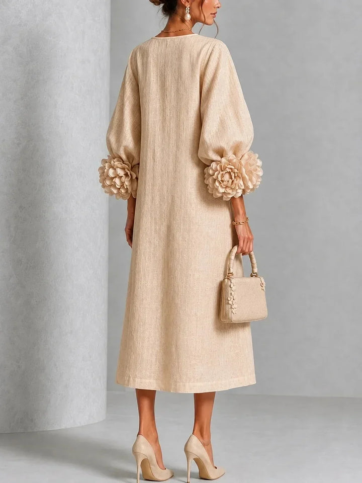 Adeline | 3D Floral O-Neck Lantern-Sleeve Midi Dress for Women