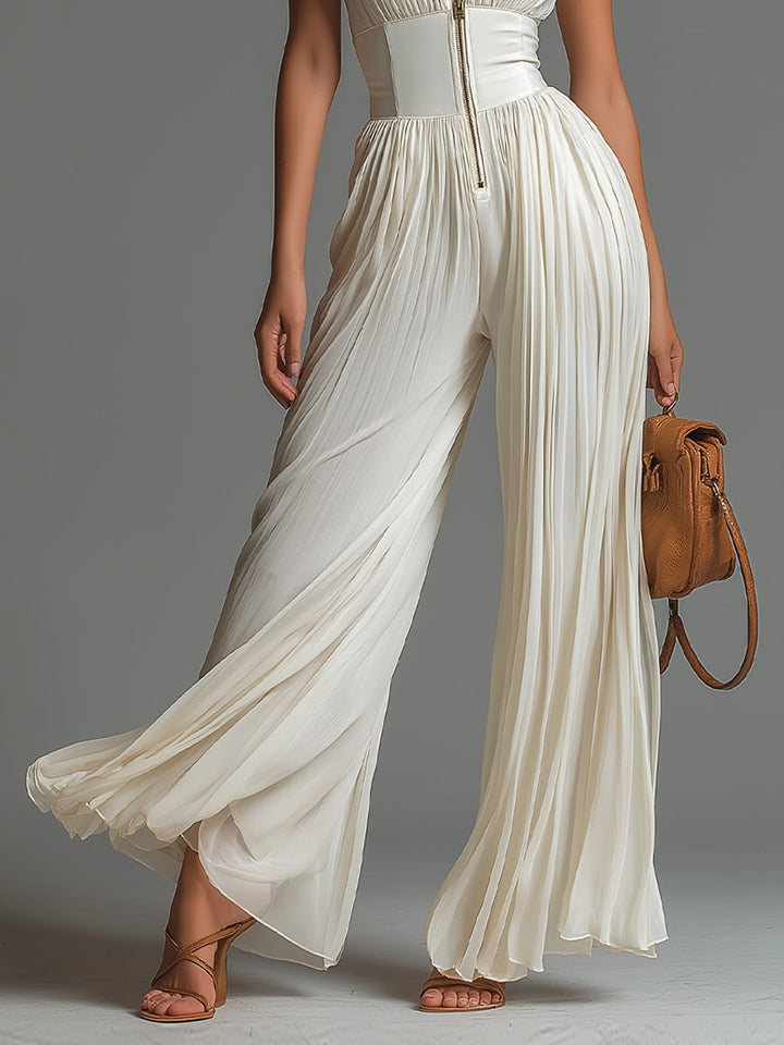Luisa | White Chiffon Sleeveless Jumpsuit with Zip and Wide Leg Pleats