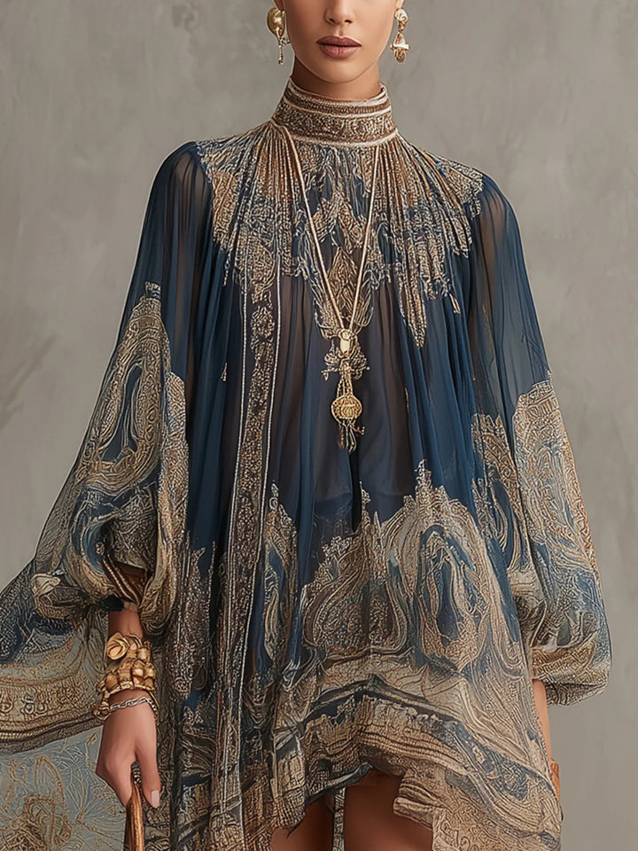Bérénice | Asymmetric Mini Dress in Lightweight Semi-Sheer Chiffon with Navy Blue Baroque Pattern and High Neckline