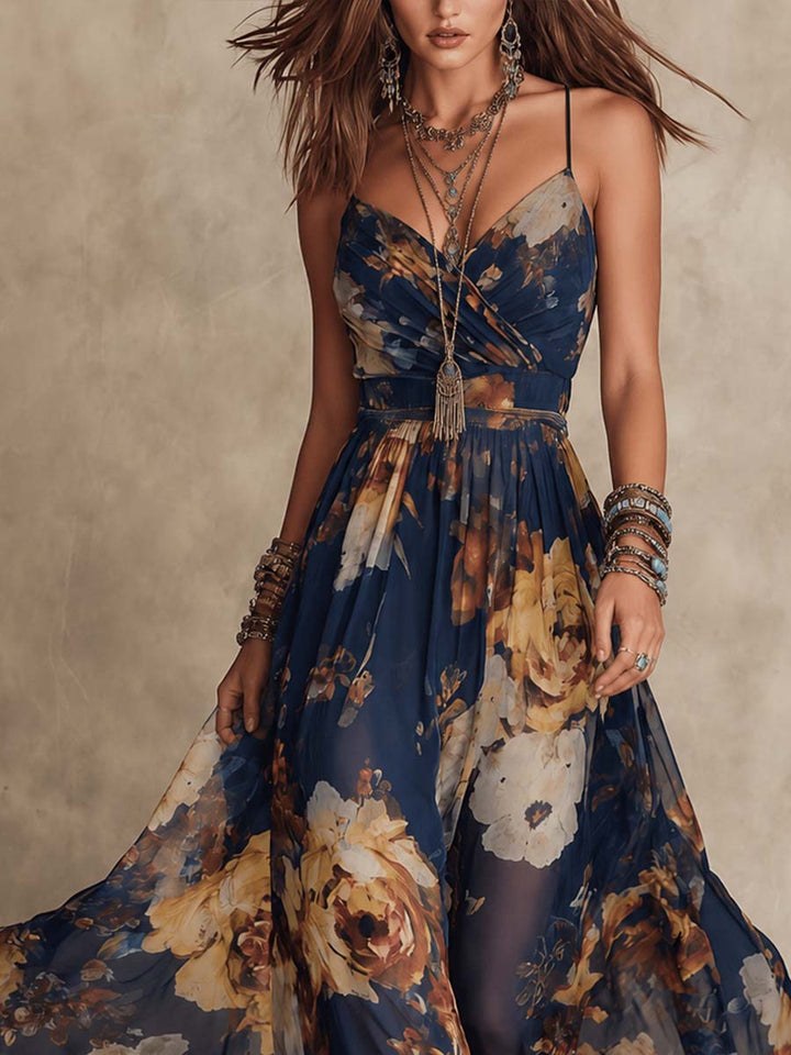 Adriana | Navy Blue Chiffon Maxi Dress with Floral Print and Thin Straps