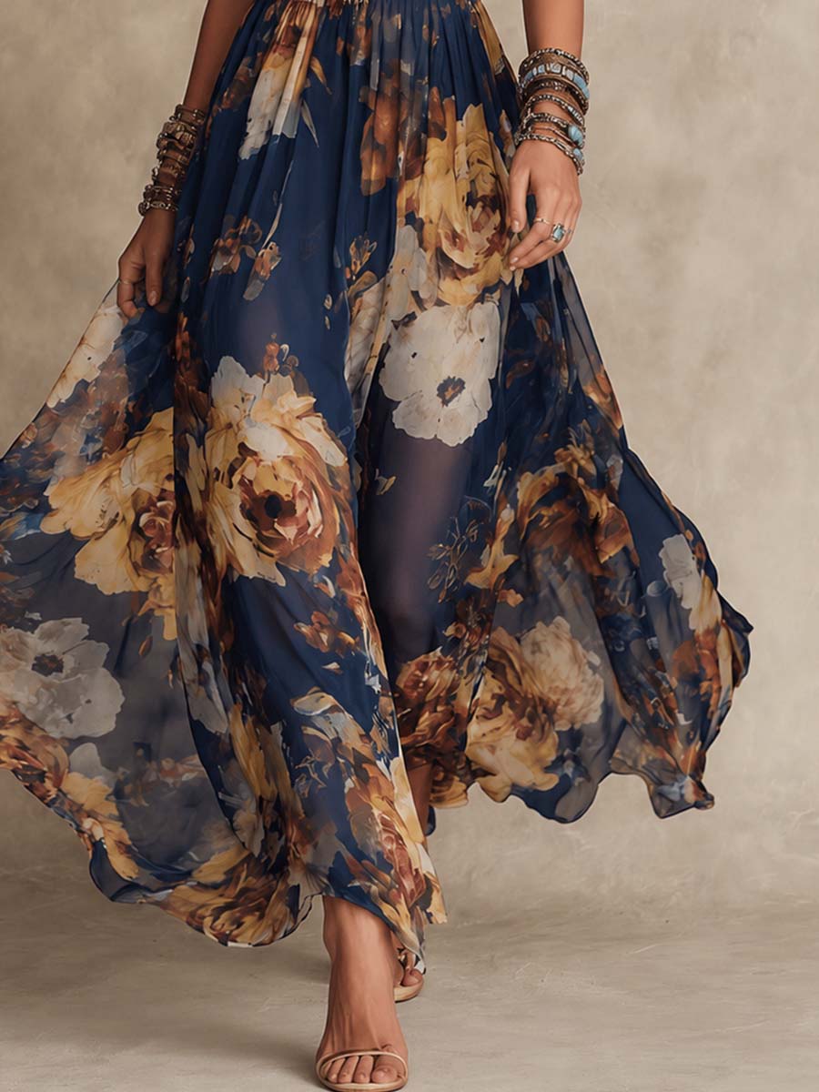 Adriana | Navy Blue Chiffon Maxi Dress with Floral Print and Thin Straps
