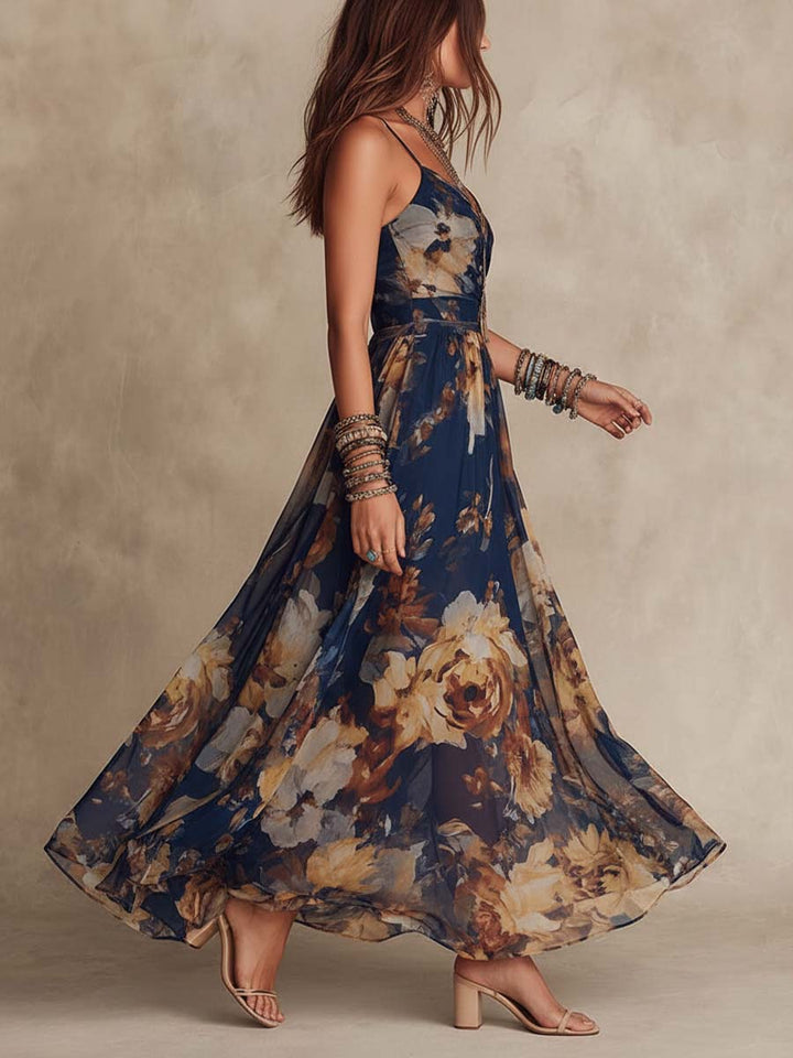 Adriana | Navy Blue Chiffon Maxi Dress with Floral Print and Thin Straps