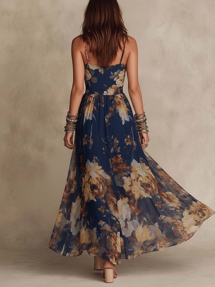 Adriana | Navy Blue Chiffon Maxi Dress with Floral Print and Thin Straps