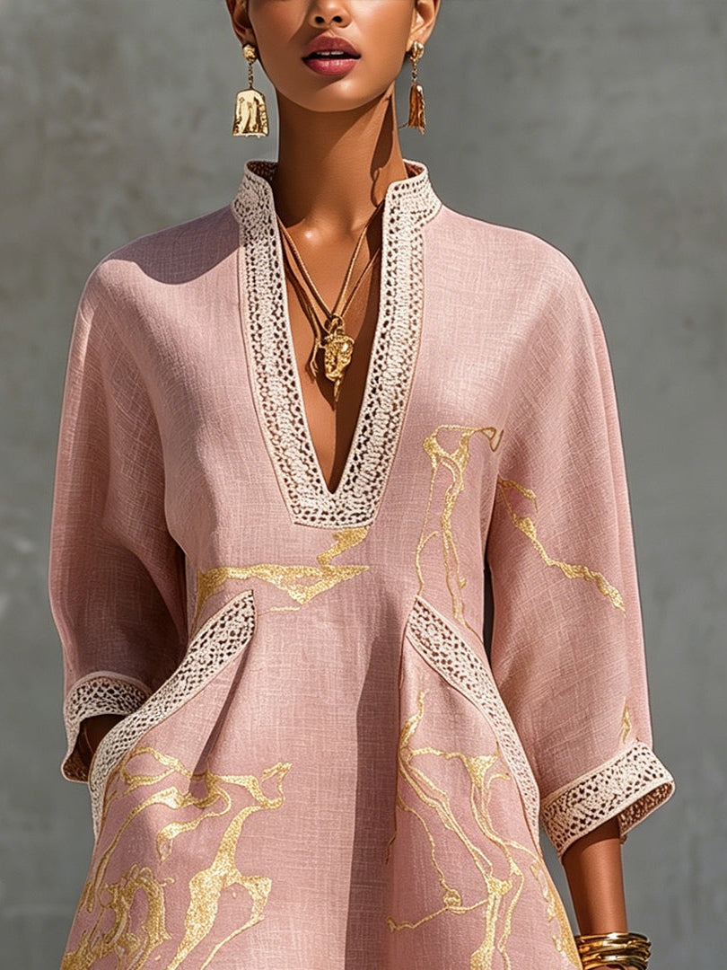 Seraphina | Gold-Printed V-Neck Crochet Lace Dress