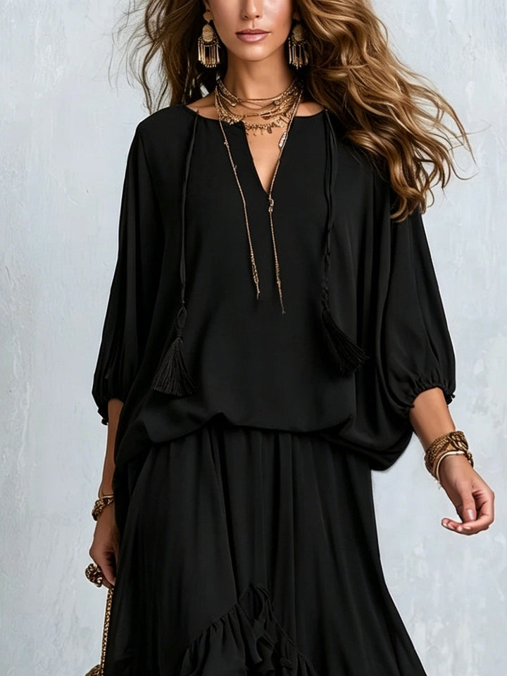 Elvira | Black Chiffon V-Neck Top with Fringes Paired with a Layered Ruffled Skirt Set