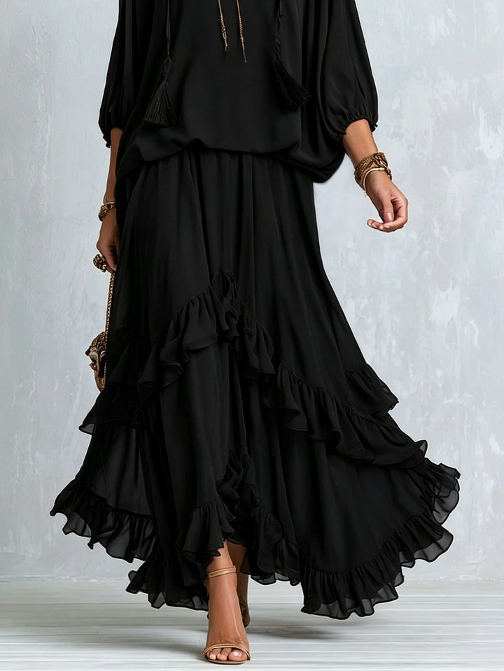 Elvira | Black Chiffon V-Neck Top with Fringes Paired with a Layered Ruffled Skirt Set