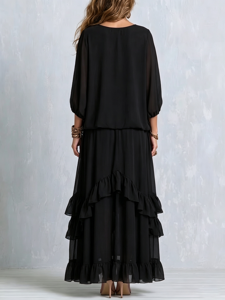 Elvira | Black Chiffon V-Neck Top with Fringes Paired with a Layered Ruffled Skirt Set