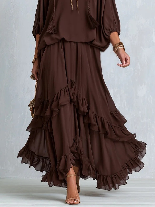 Manuela | Brown Chiffon Top with Fringes and V-Neck Paired with a Layered Skirt with Ruffles
