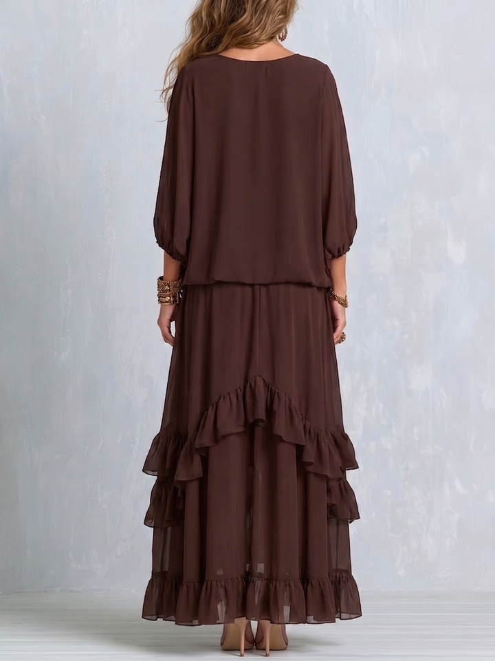 Manuela | Brown Chiffon Top with Fringes and V-Neck Paired with a Layered Skirt with Ruffles