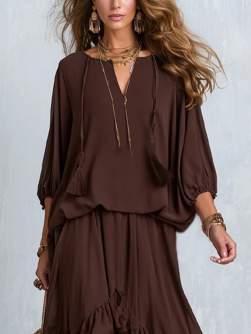 Manuela | Brown Chiffon Top with Fringes and V-Neck Paired with a Layered Skirt with Ruffles