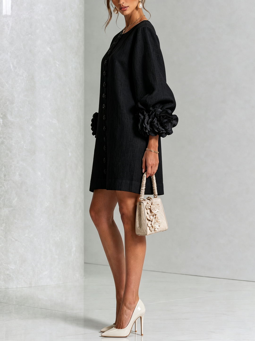 Clementine | Rosette-Cuff Button Shift Dress