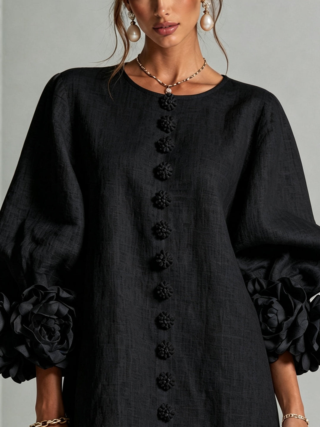 Clementine | Rosette-Cuff Button Shift Dress