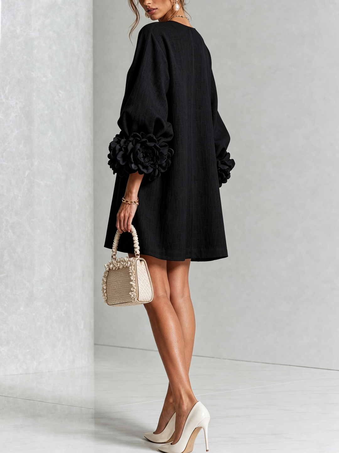 Clementine | Rosette-Cuff Button Shift Dress