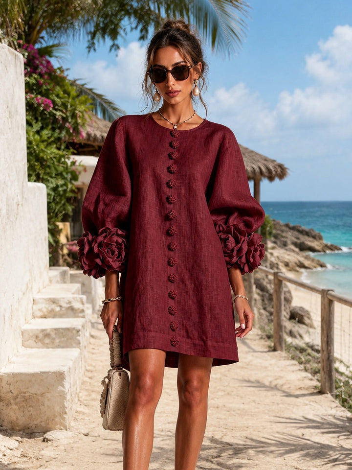 Clementine | Rosette-Cuff Button Shift Dress