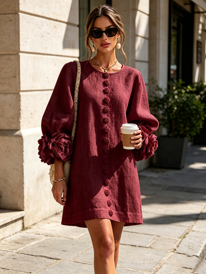 Clementine | Rosette-Cuff Button Shift Dress