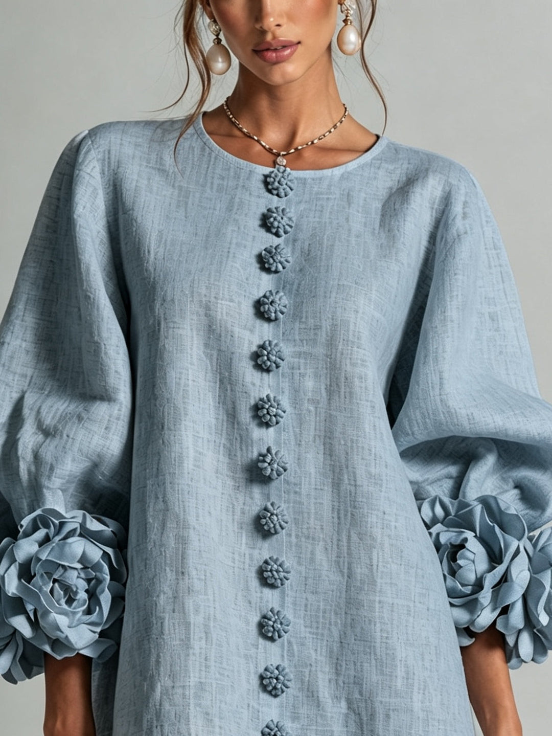 Clementine | Rosette-Cuff Button Shift Dress