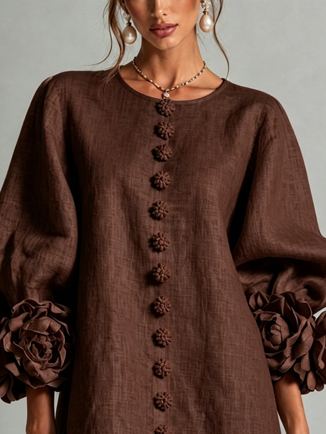 Clementine | Rosette-Cuff Button Shift Dress